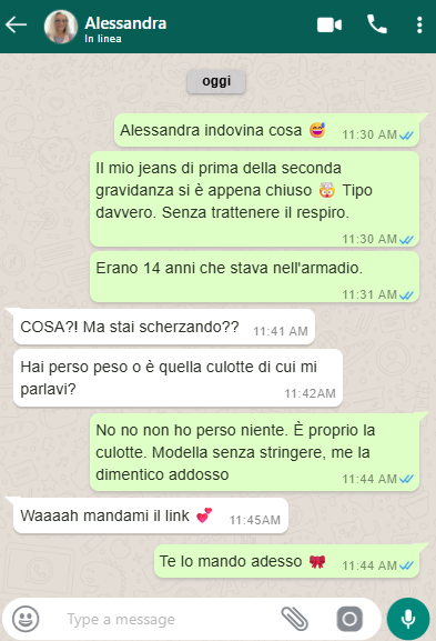 Screenshot WhatsApp — jeans chiusi dopo 16 anni