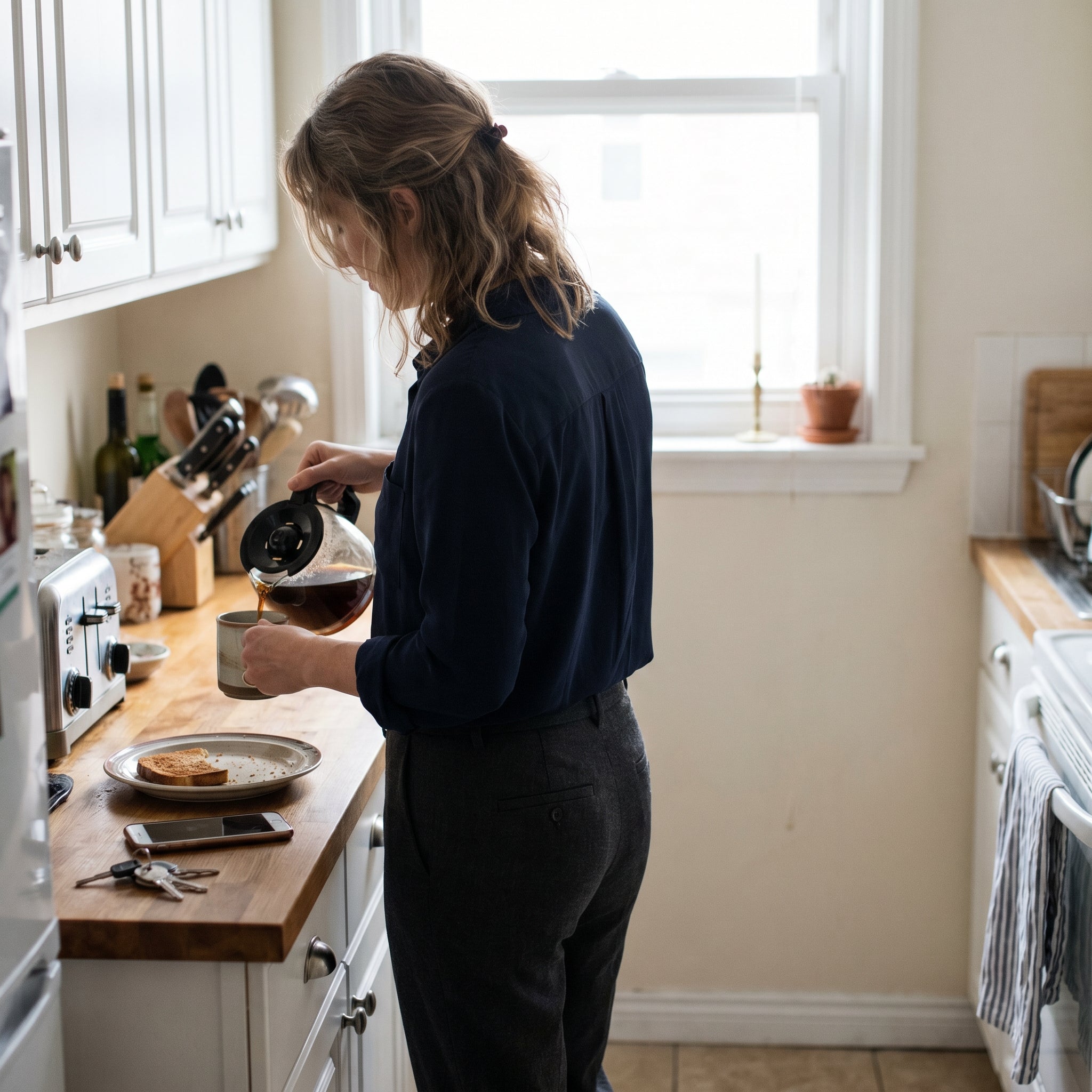 Una donna si veste la mattina con naturalezza