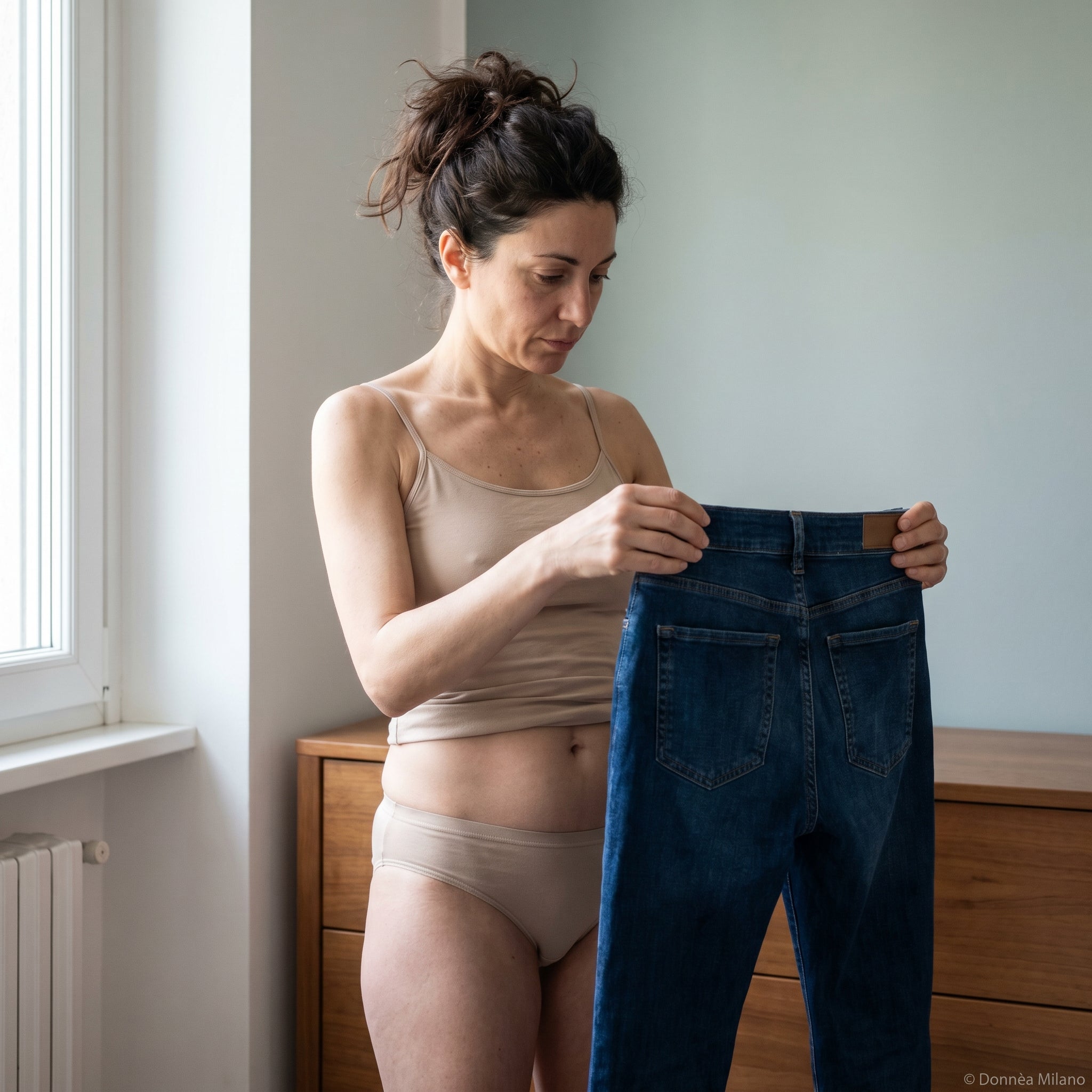 Una donna tiene in mano un paio di jeans che non si chiudono